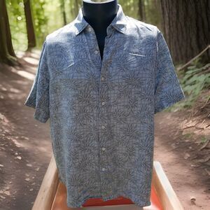 VINTAGE SILK Men's Shirt Size XL Blue Gray Leaf & Checker Print Hawaiian 90's